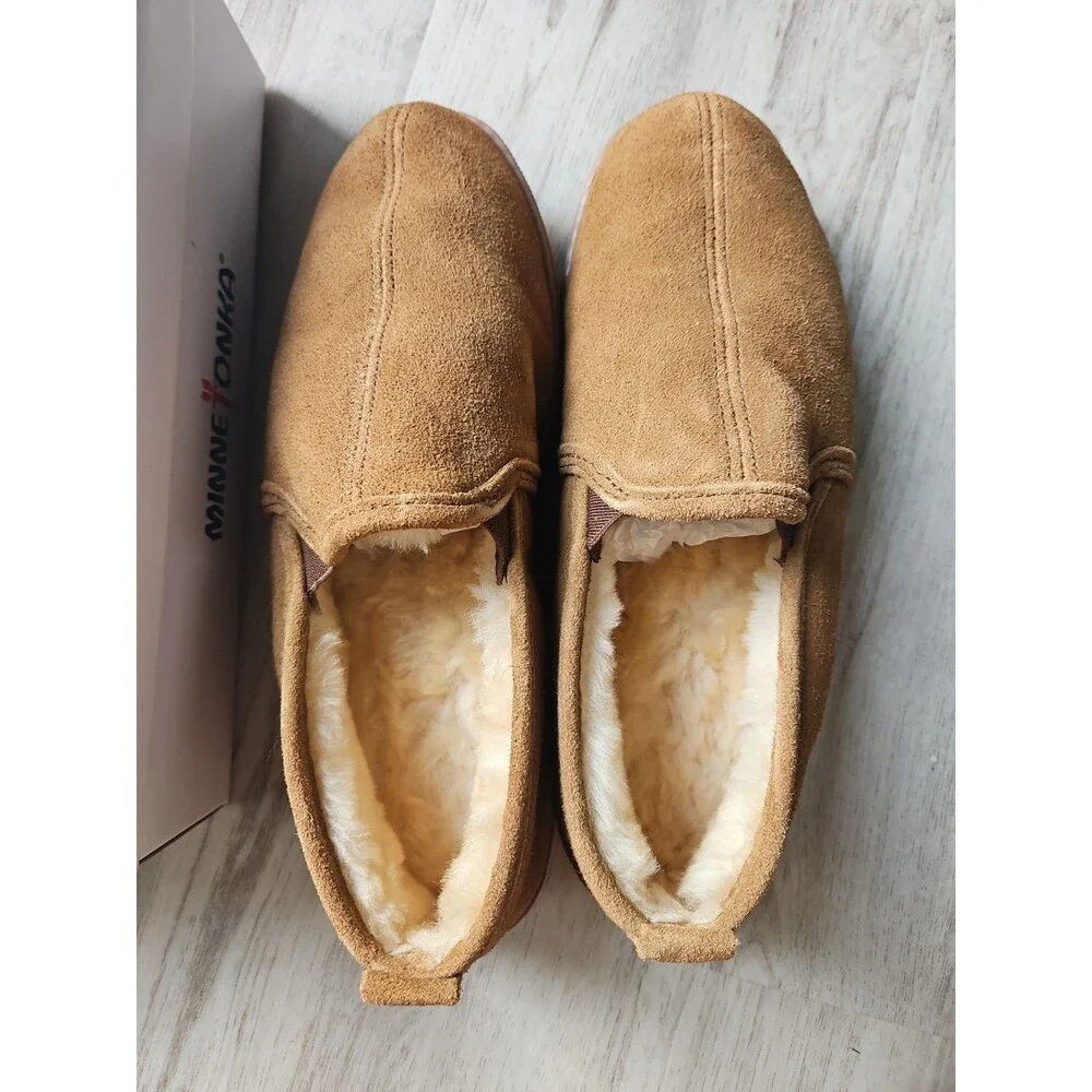 NEW  Minnetonka Twin Gore Sheepskin Tan Slippers - US 12